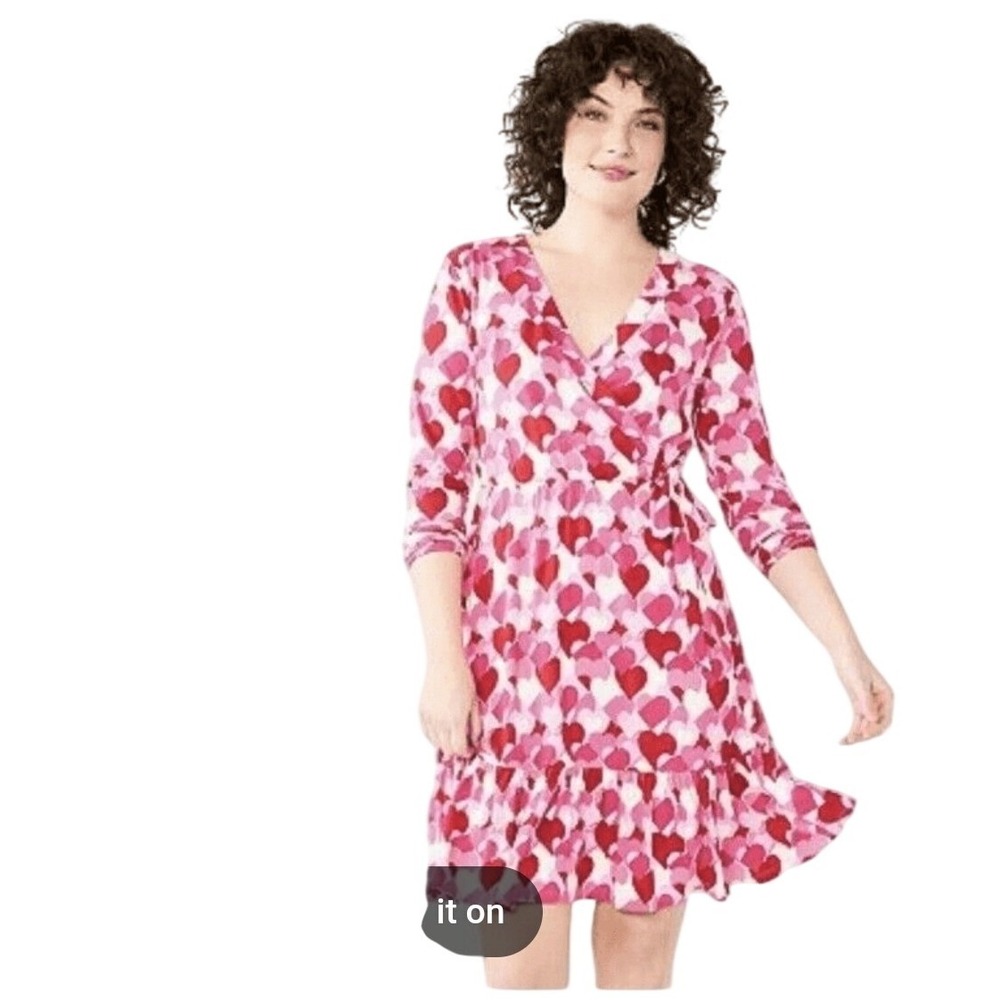 Draper James RSVP Pink Red Heart Print Faux Wrap Dress Long Sleeve M whimsy fun